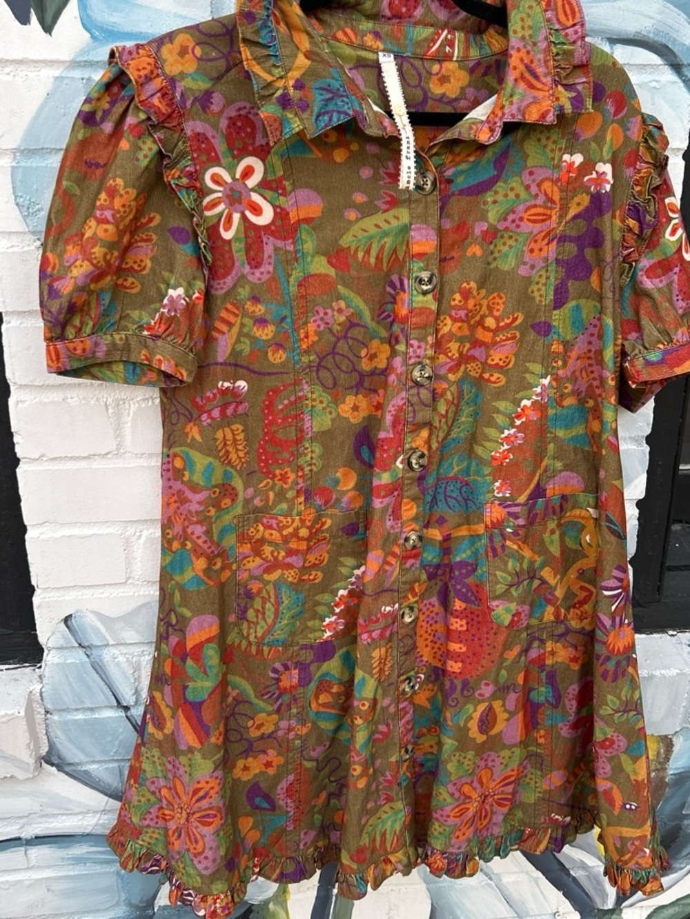 Uncle Frank Olive Multi-Color Floral Button-Front Mini Dress